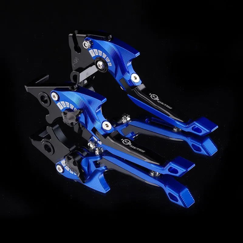Motorcycle horn handle brake lever retrofitting kit showing adjustable mechanism and colour options