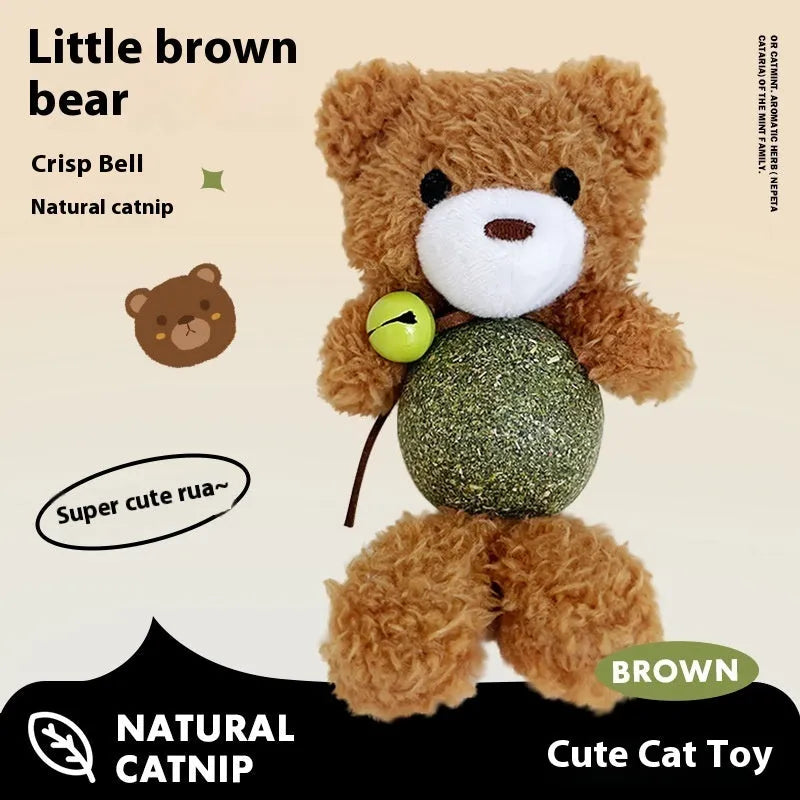 Plush catnip ball toy in brown bear design with bell, measuring 15cm tall for kitten biting play