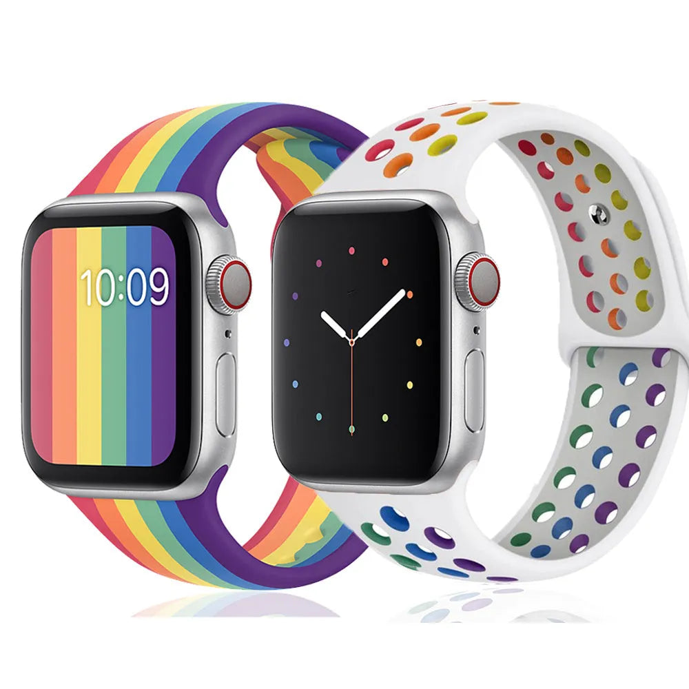 Silicone sports wristband with buckle closure in black, rainbow, or white colours