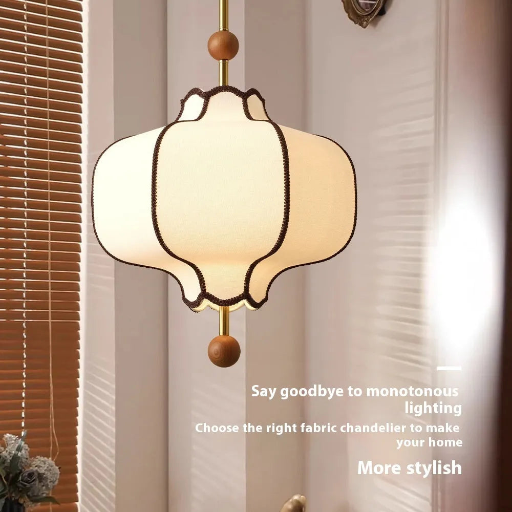 Retro French style fabric chandelier with solid wood frame in mid-century simple design for bedroom or dining room
