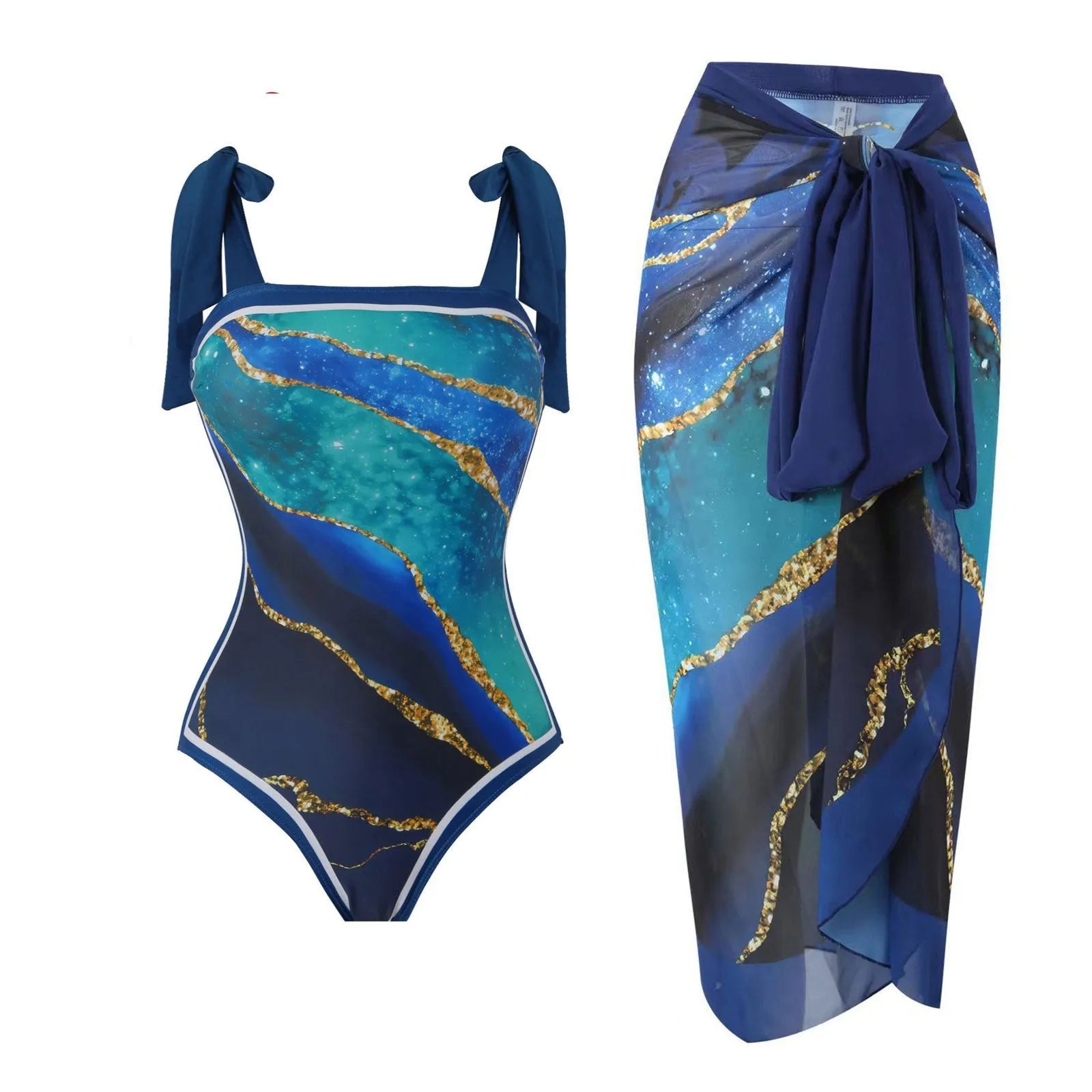 Women's retro floral one-piece swimsuit with chiffon skirt in multiple colour patterns