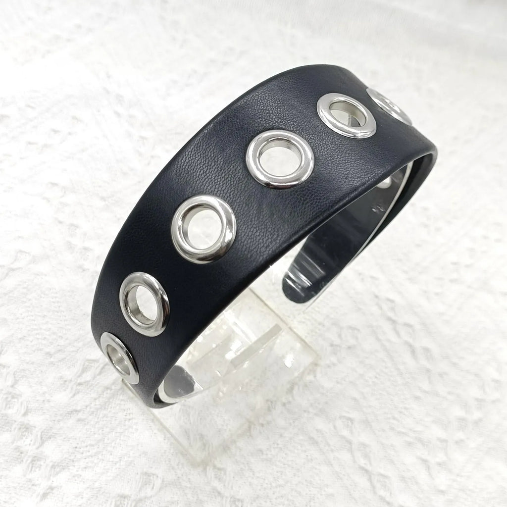 Black wide handmade artificial leather headband with round and square rivets