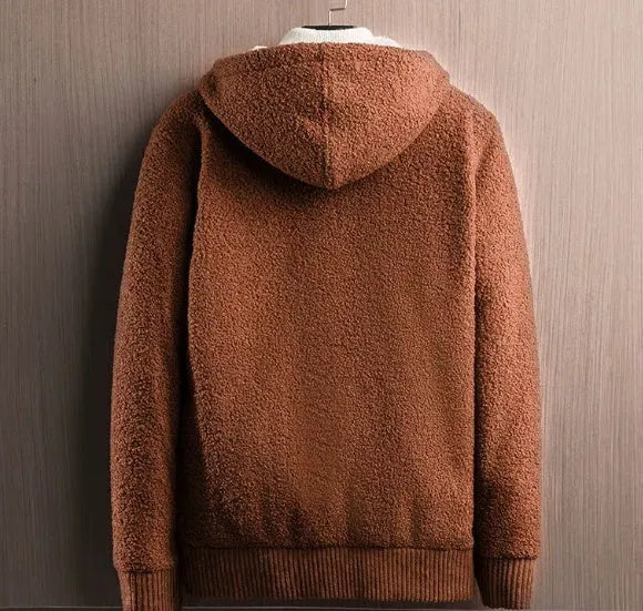 Men's zipper hooded fleece cardigan in black, front view, thick fabric for winter warmth