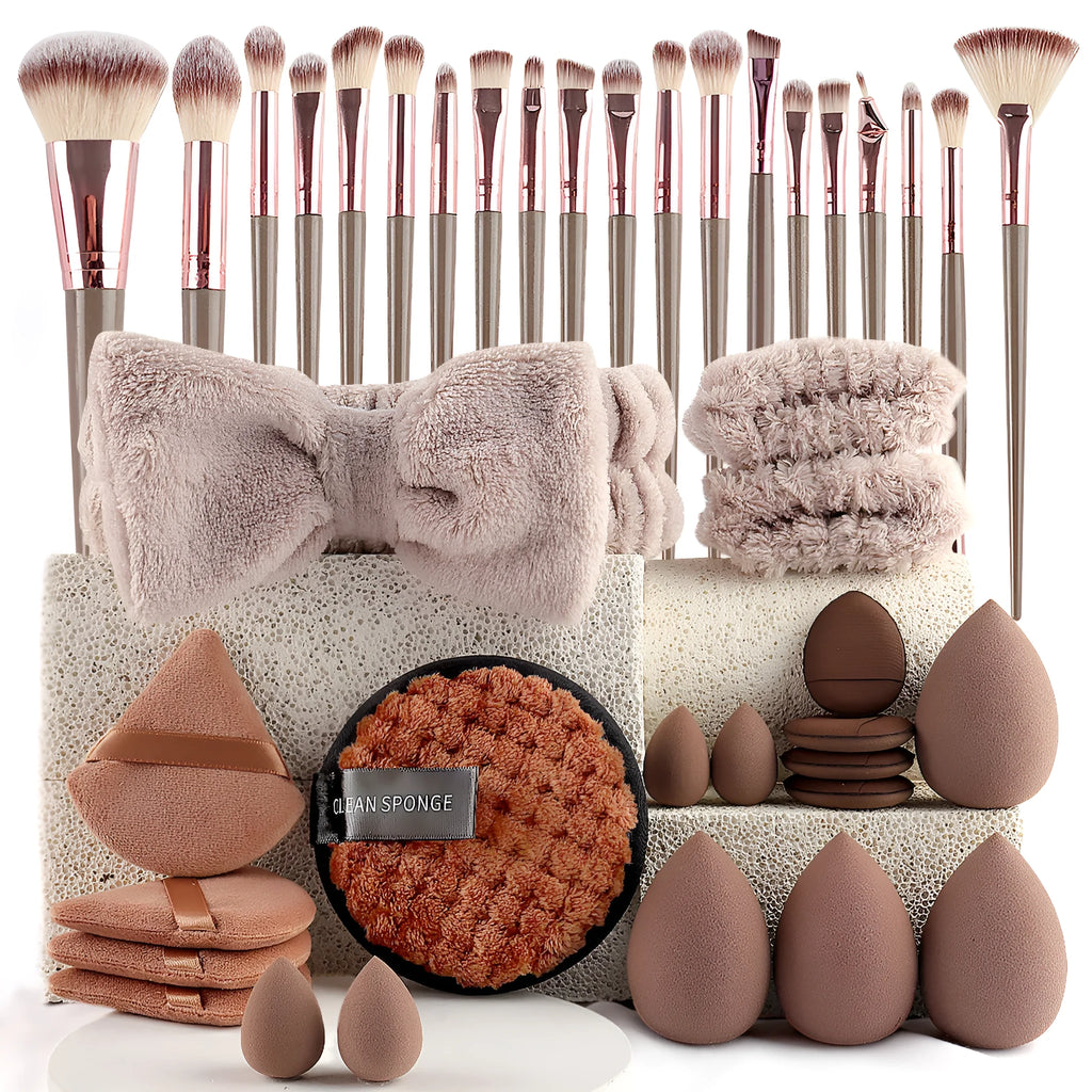 Hydrophilic non-latex beauty tools set with brushes in brown, pink, and purple colours for face washing and makeup