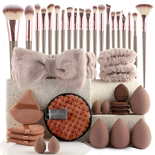 Hydrophilic non-latex beauty tools set with brushes in brown, pink, and purple colours for face washing and makeup