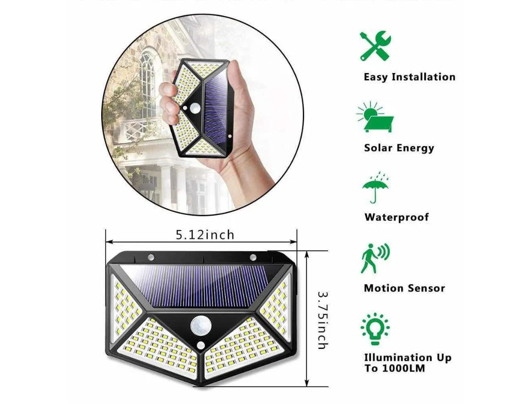 100LED solar PIR motion sensor wall lamp with 120 degree angle and 8-10m range for courtyard outdoor use