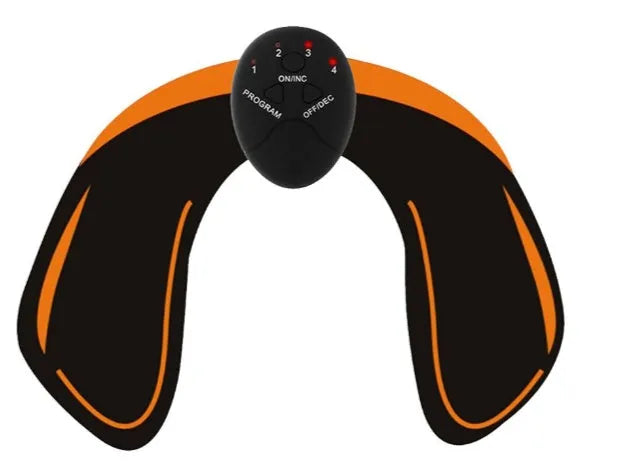 EMS hip muscle training stimulator with remote control and two gel pads in orange