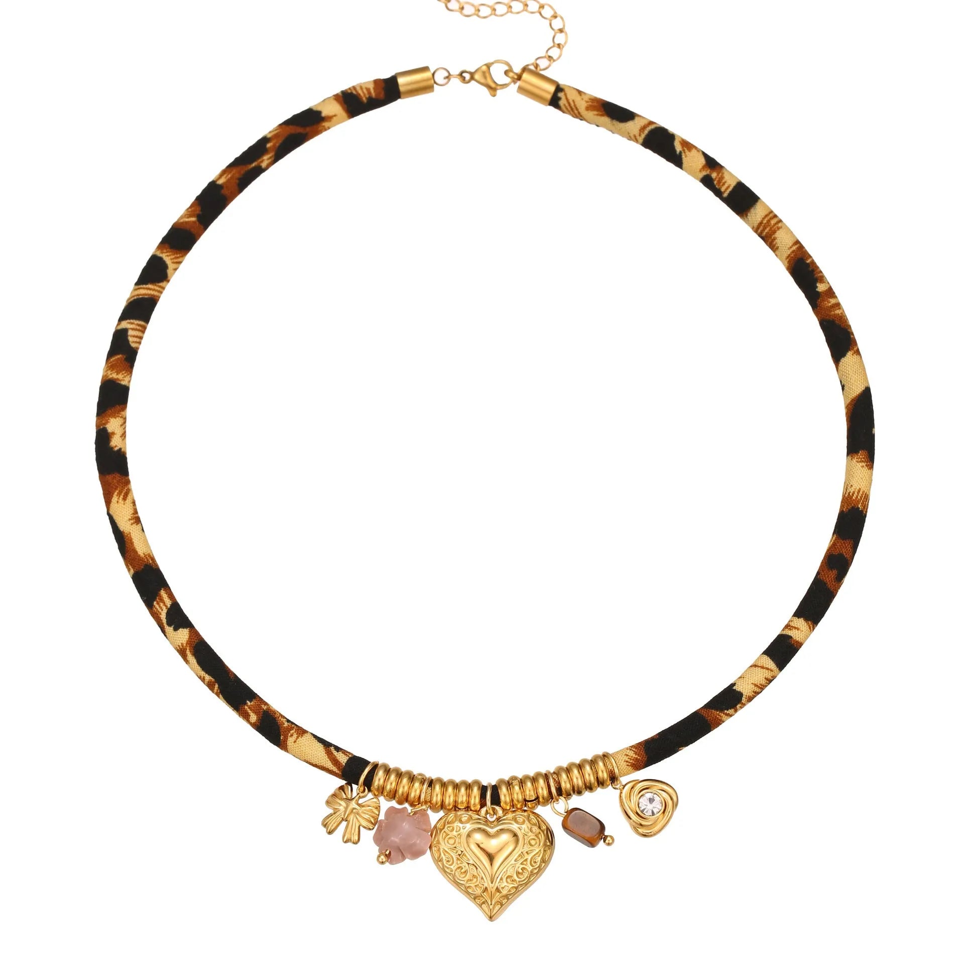 Leopard Series geometric stainless steel necklace with gold electroplated finish on a white background.