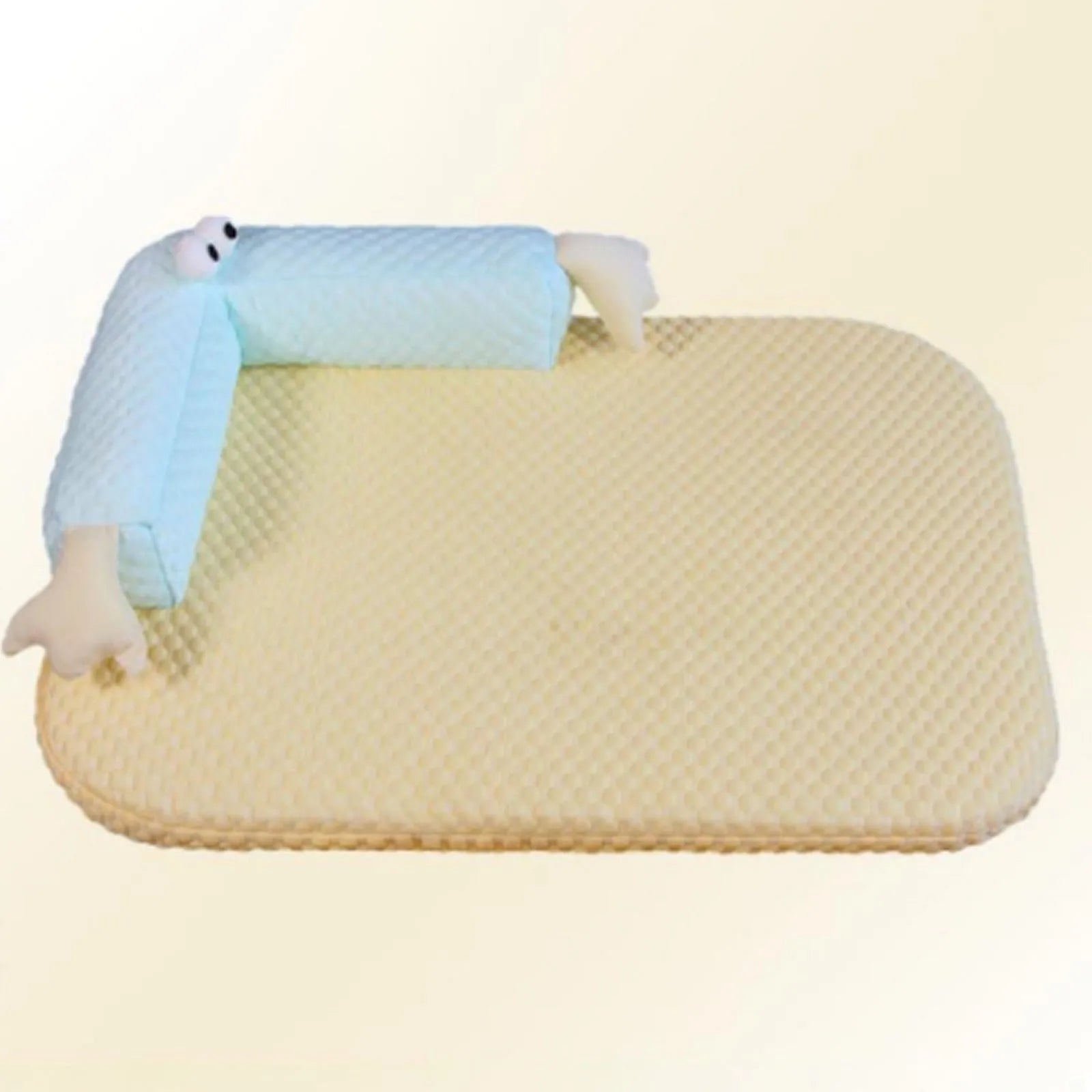 Blue big-eyed monster design pet bed cushion showing non-slip base and raised sofa style construction