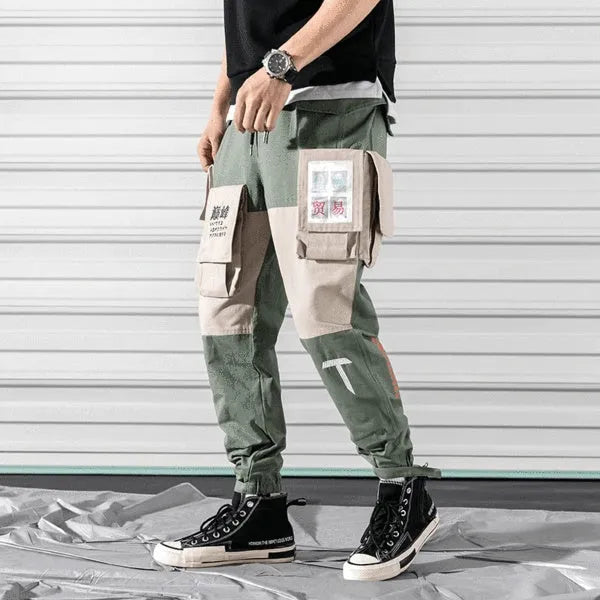Harlan beam pants in green, grey, and navy blue cotton with elastic waistband, straight-leg design, sizes M to 5XL