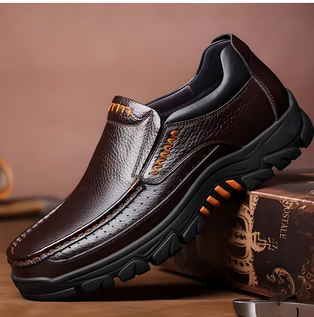 Black and brown business casual leather slip-on shoes with a soft sole and rubber outsole