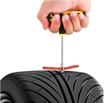 Yellow car tire repair kit with scraper, needle, glue, and 5 rubber strips in blister card packaging, size 16x25.5 cm