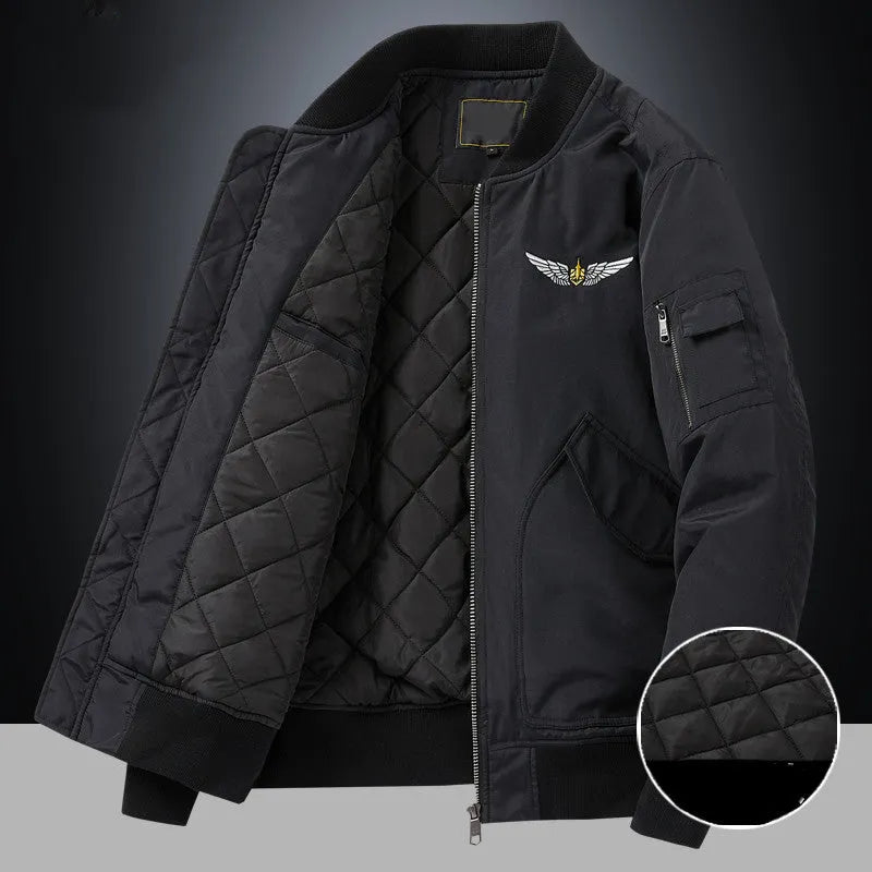 Men's fashion casual brushed jacket in satin cloth with baseball collar, army green, thickened for warmth