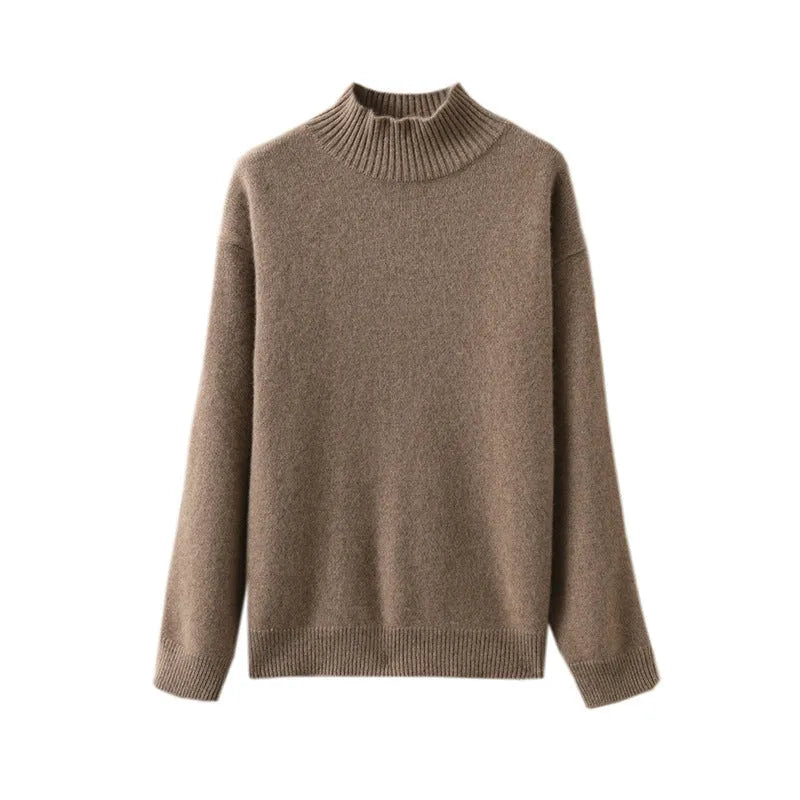 Women's solid colour acrylic knitted base layer top in brown, long sleeve crew neck style on a neutral background