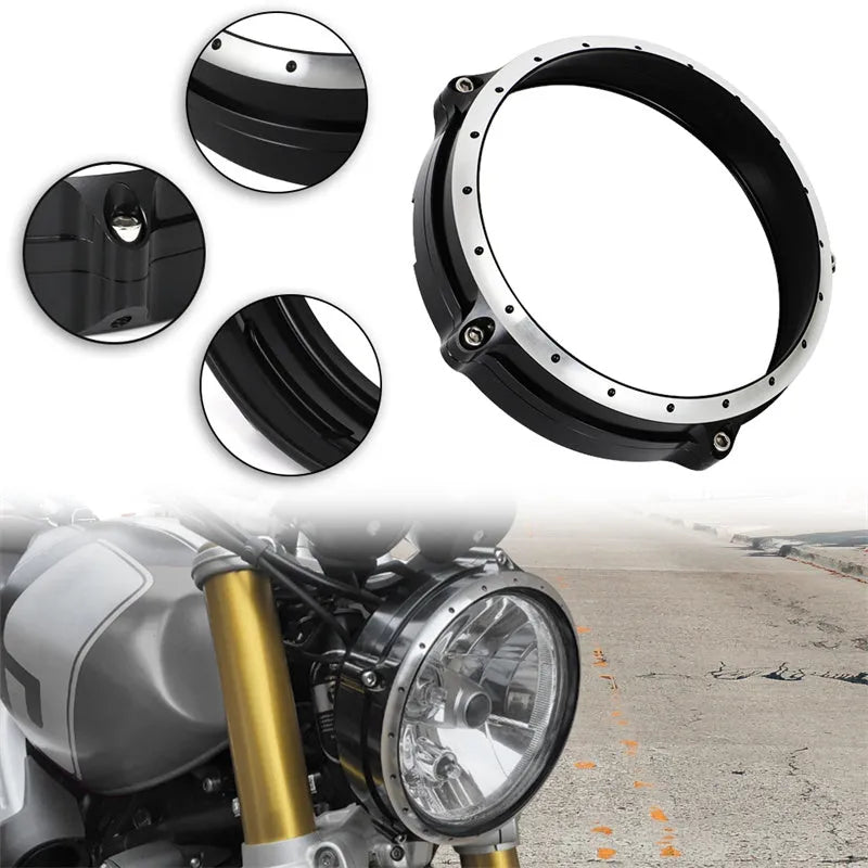 Black CNC aluminium headlight guard grille for BMW R nineT Scrambler motorcycle
