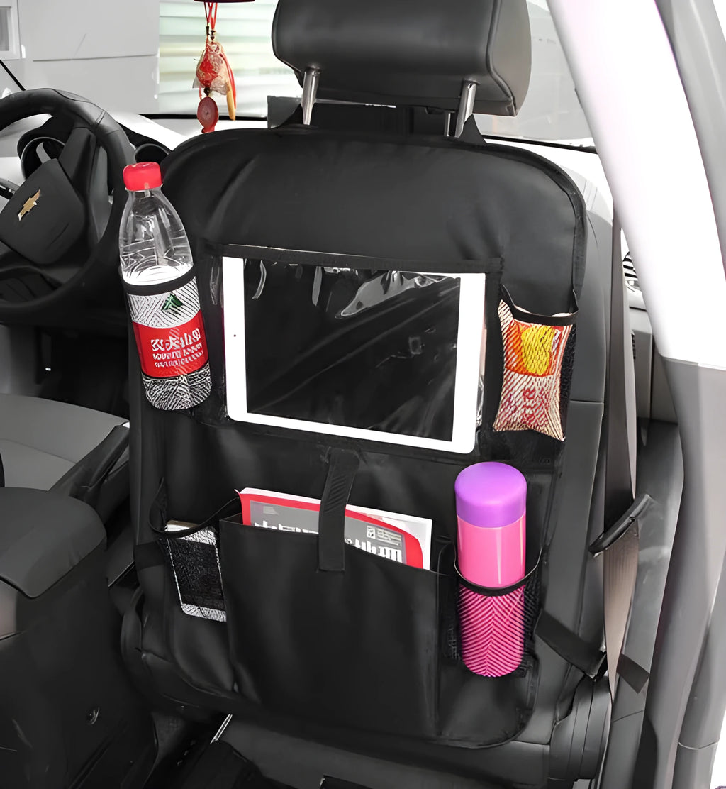 Car seat back storage bag in 600D Oxford cloth with mesh pocket, 61x41cm, hanging on seat back