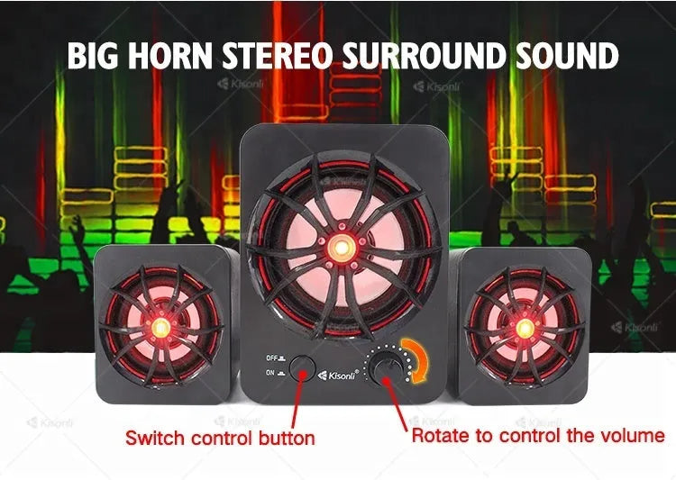 Green 2.1 USB computer speaker with LED lighting on desktop