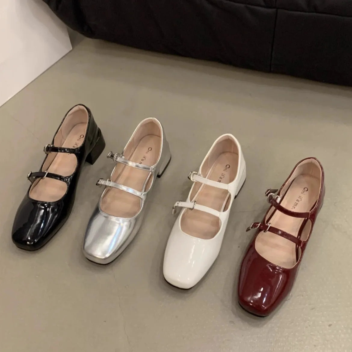 Red chunky heel Mary Jane shoes for women with square toe and PU upper on white background