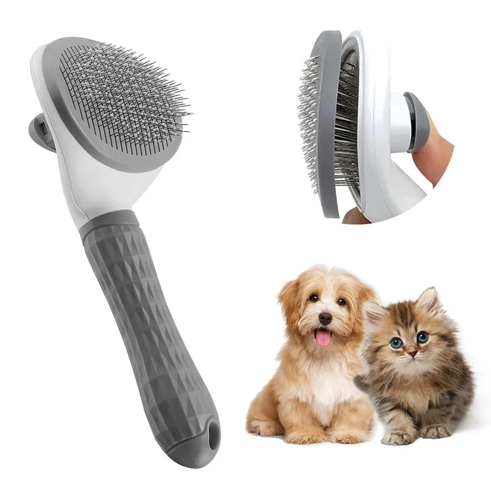 Blue, grey, and pink cat brush with a release button and fine wire bristles for removing loose fur.