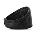 Black self-heating magnetic neck guard with adjustable shoulder strap on a grey background.