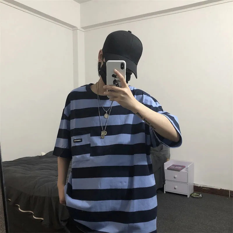 Striped short sleeve t-shirt in blue, polyester fiber, casual crew neck style