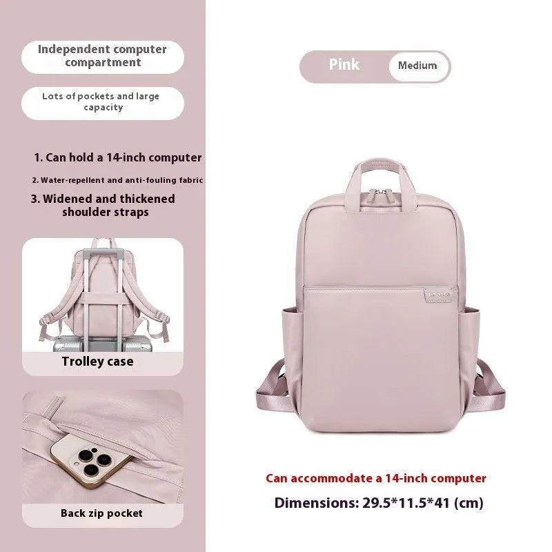 Women's canvas travel backpack showing organisational compartments and breathable design in apricot colour