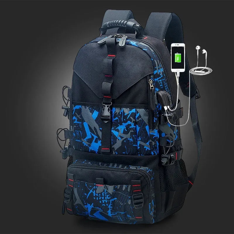 Men's large black waterproof Oxford cloth hiking backpack with padded straps and multiple compartments.