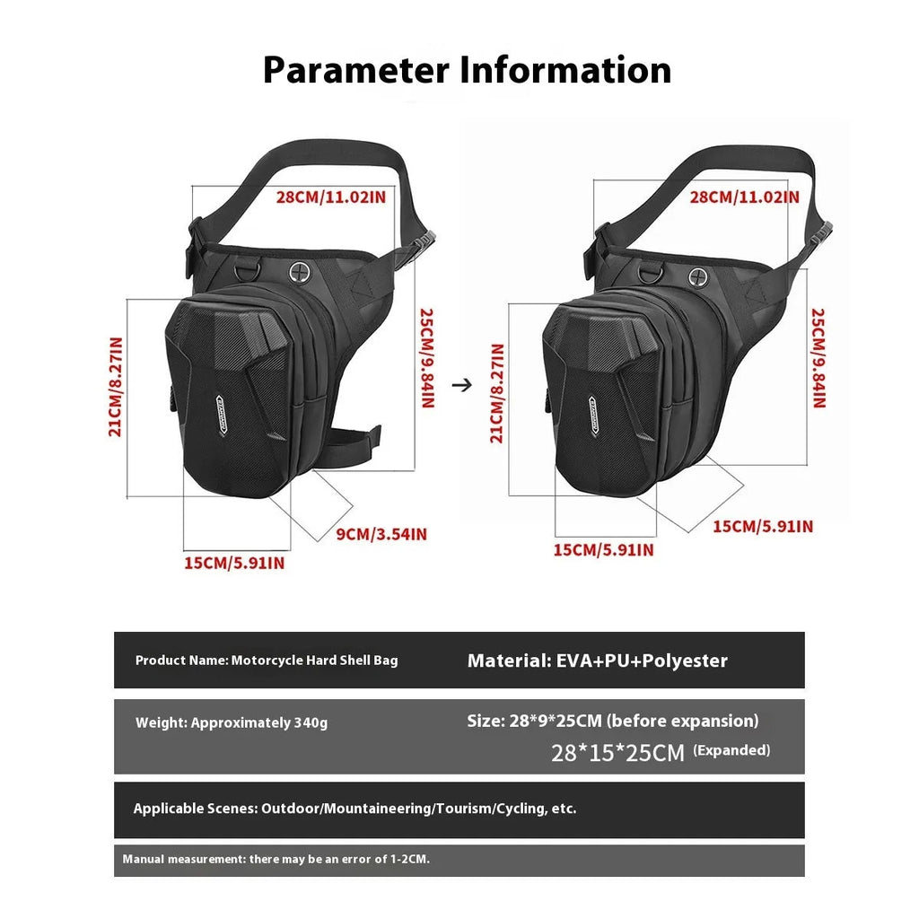 Black polyester motorcycle leg bag for male rider size 28x25x9cm