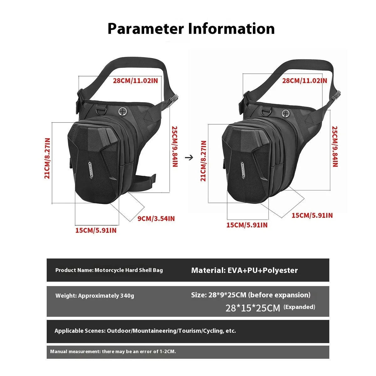 Black polyester motorcycle leg bag for male rider size 28x25x9cm