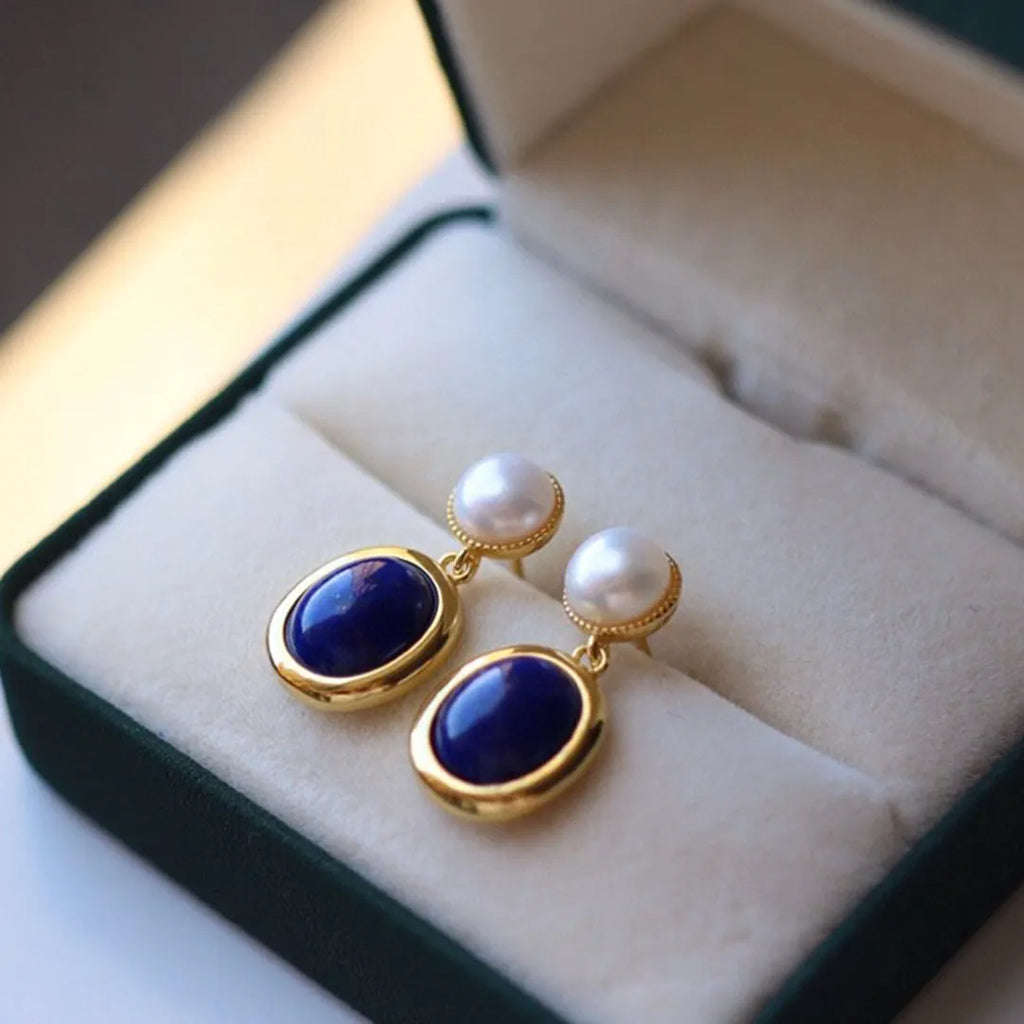 Natural lapis lazuli pearl earrings crafted from 925 sterling silver with auspicious pattern details