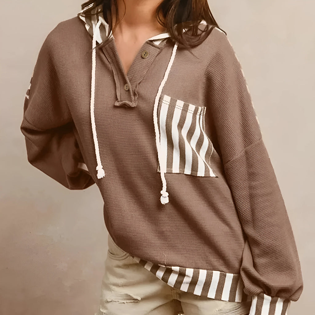 Straw yellow women's hoodie with waffle texture, striped patchwork, button neck and drawstring hood