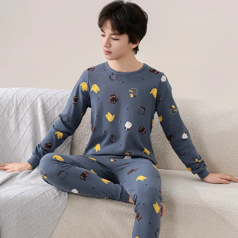 Children's cotton pyjama set in a patterned style, long-sleeve top and pants, available in multiple colours