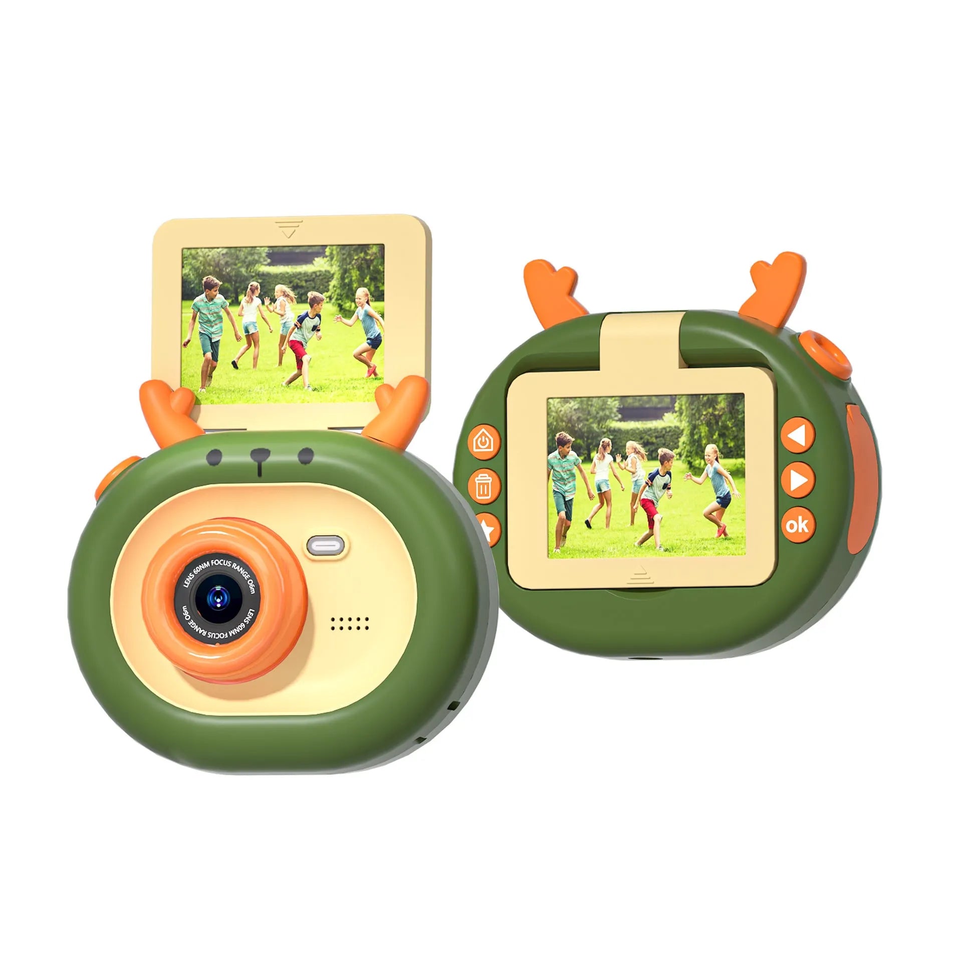 Purple and dark green children's digital camera with flip screen, silicone case, and lanyard