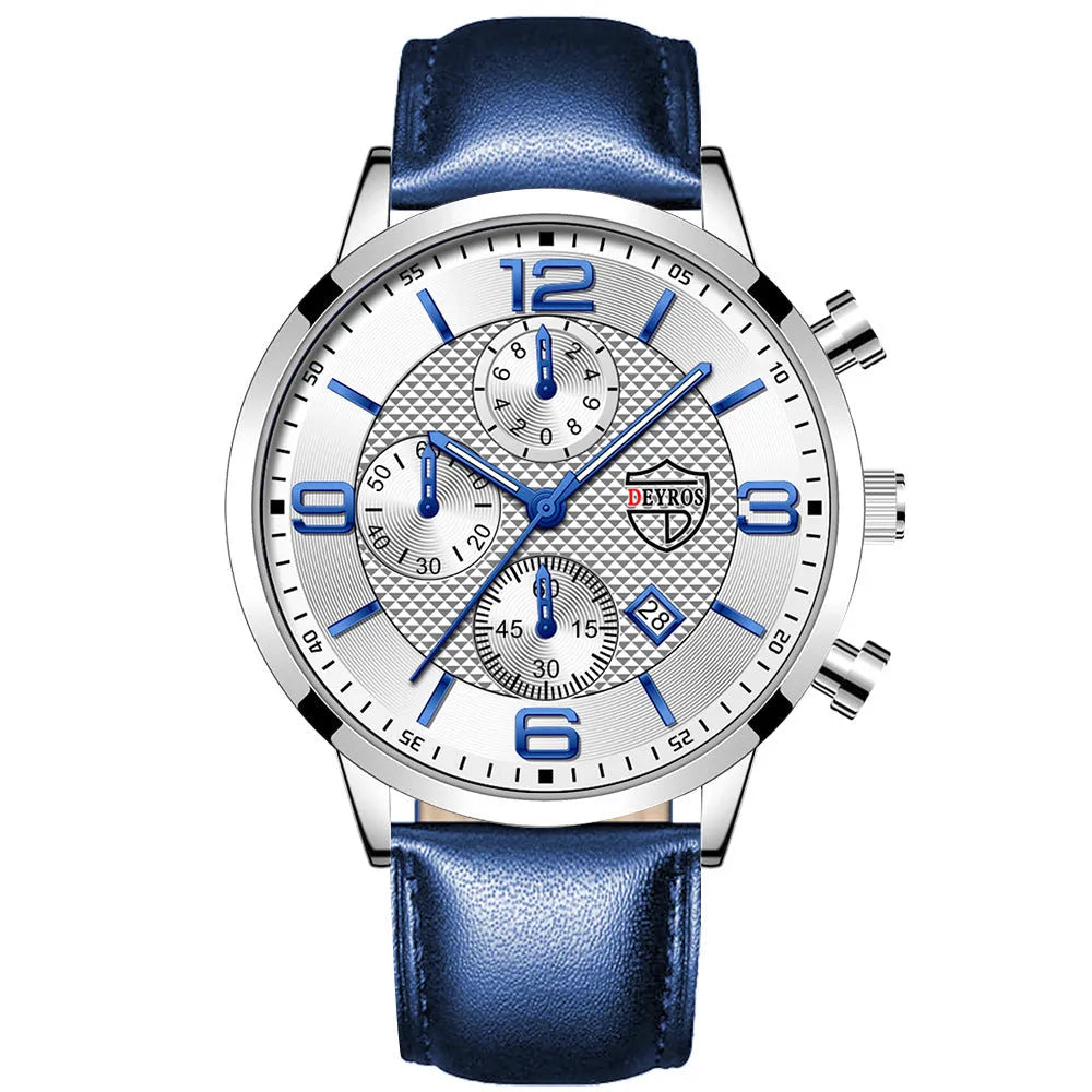 Men's calendar quartz watch with 42mm round alloy case, white dial, date window, and pin buckle on a black band