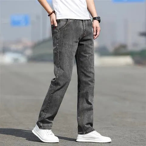 Men's smoky gray rabbit fur elastic jeans straight leg low waist design front view