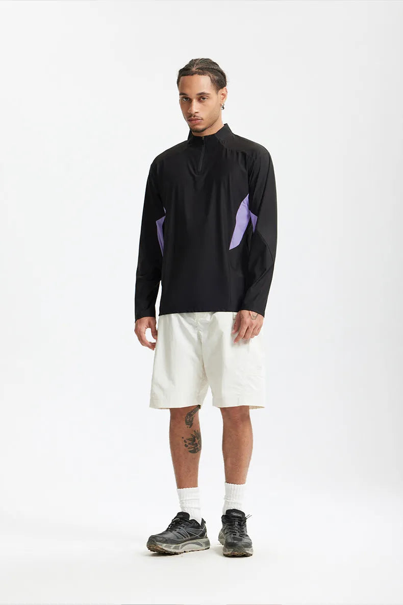 Men's lightweight polyester top in solid colour with stitching detail, available in black or beige