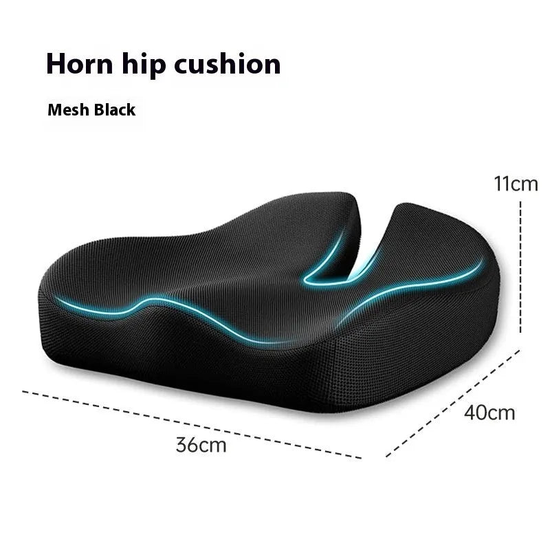 Memory foam office chair cushion measuring 36x40x11cm in dark grey with solid colour polyester cover.