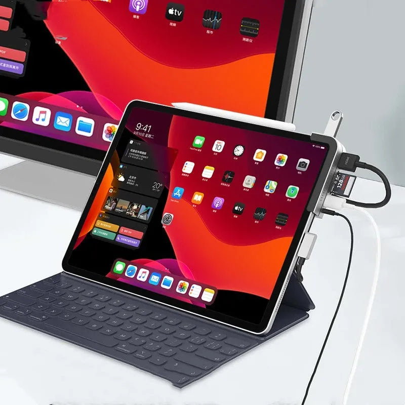 Silver aluminium grey 6-in-1 USB-C docking station for iPad Pro tablets with HDMI port and multiple connectors