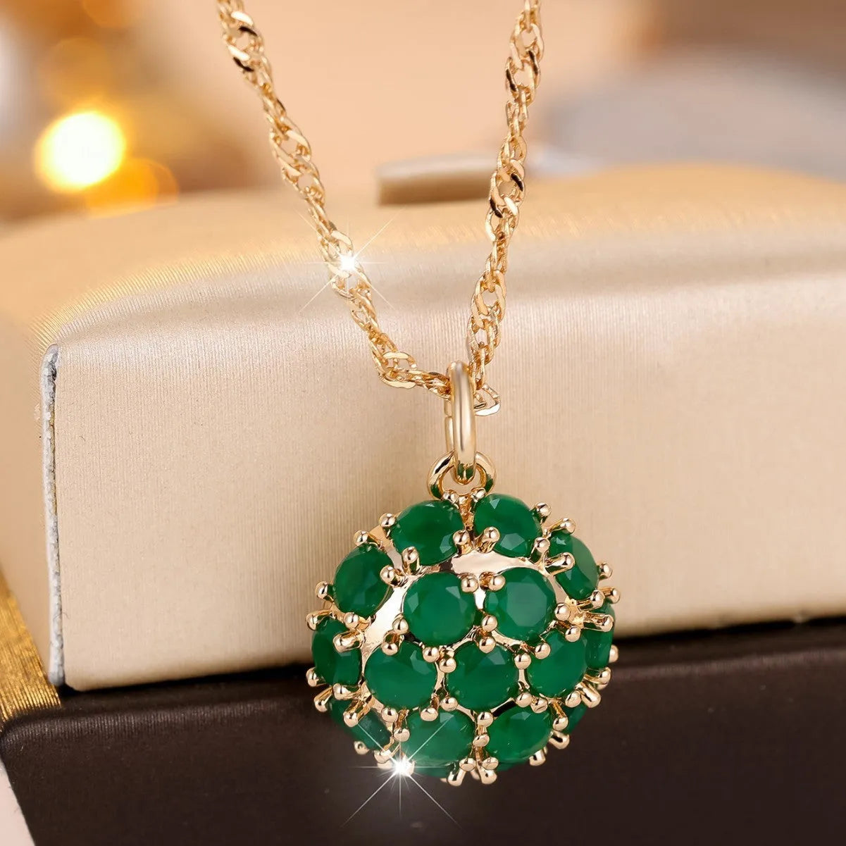 Women's round emerald diamond necklace with champagne gold electroplated finish on adjustable 51-60cm chain