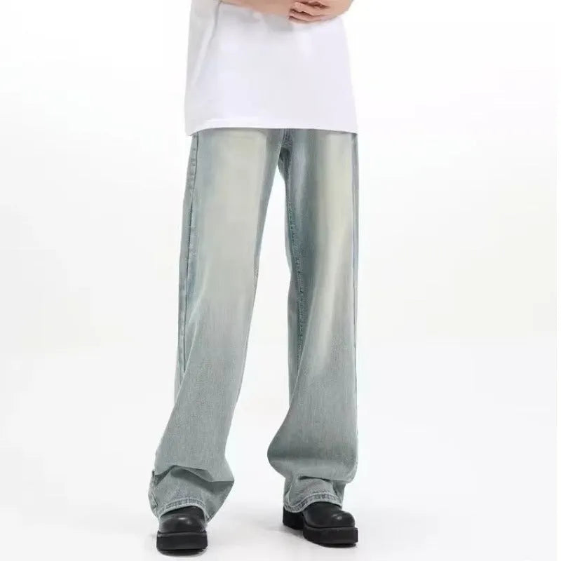 Blue retro trousers with rabbit fur fabric and high elasticity in loose casual fit