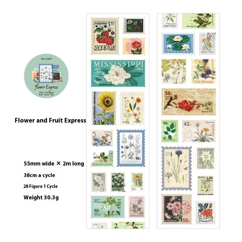 55mm wide retro journal decoration stamp roll with butterfly, forest, bird, or mushroom themed designs