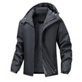 A man's loose-fitting hooded waterproof coat in army green, shown on a hanger.