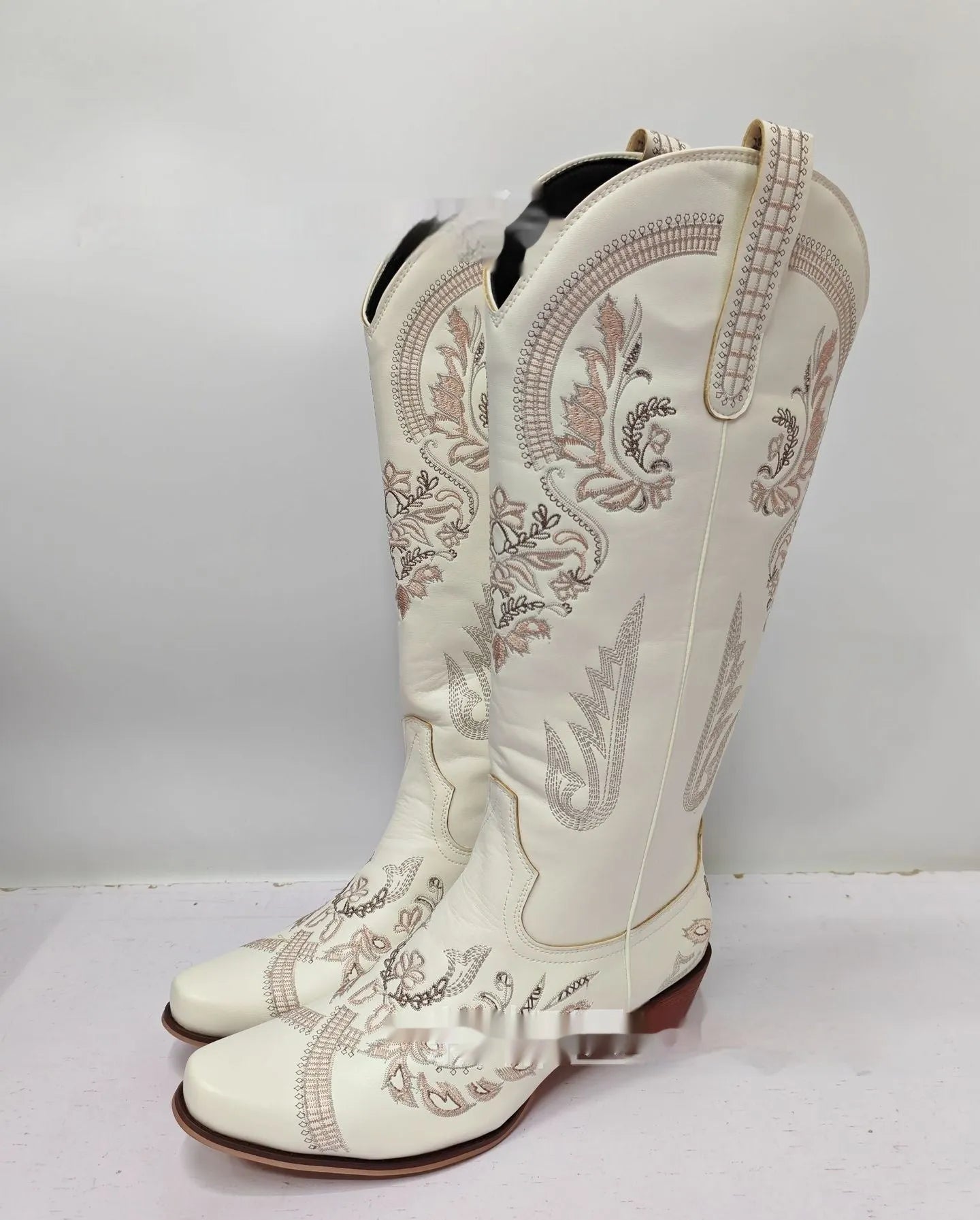 Embroidered rhinestone thick high heel side zipper high-top boots for women in beige with non-slip rubber sole