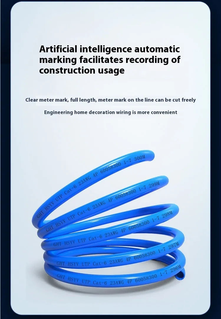 A blue reel of Cat 6a Ethernet cable with oxygen-free copper core, labelled 305 metres and 10Gb/s.
