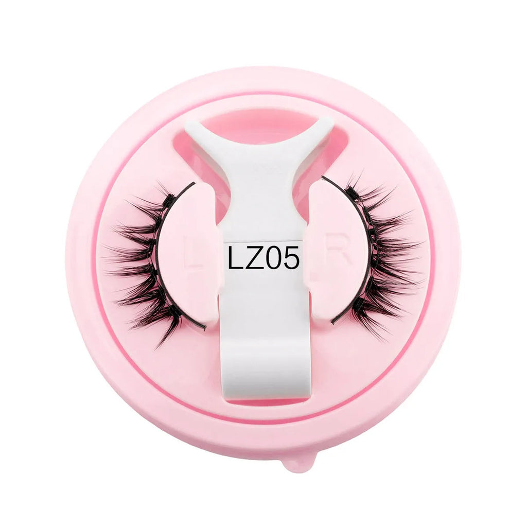 Set of reusable waterproof false eyelashes in a natural thick style with glue-free application.