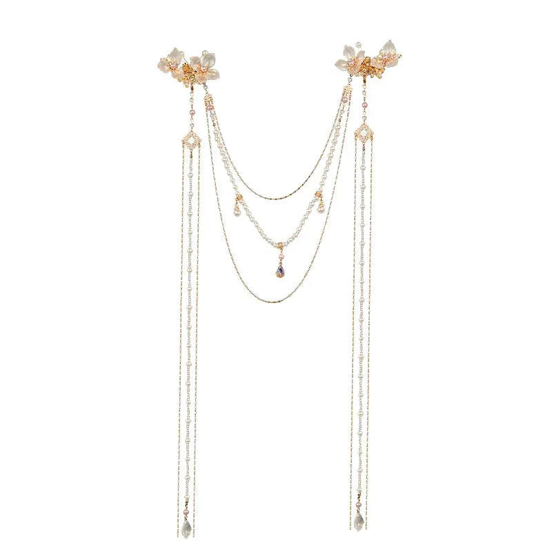 Gold-coloured women's hairpin with pearl diamond flower decoration and tassel detail