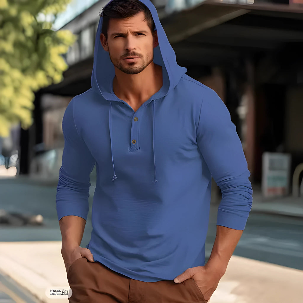 Men's cotton pullover hoodie in dark blue colour showing long sleeves and casual sports style