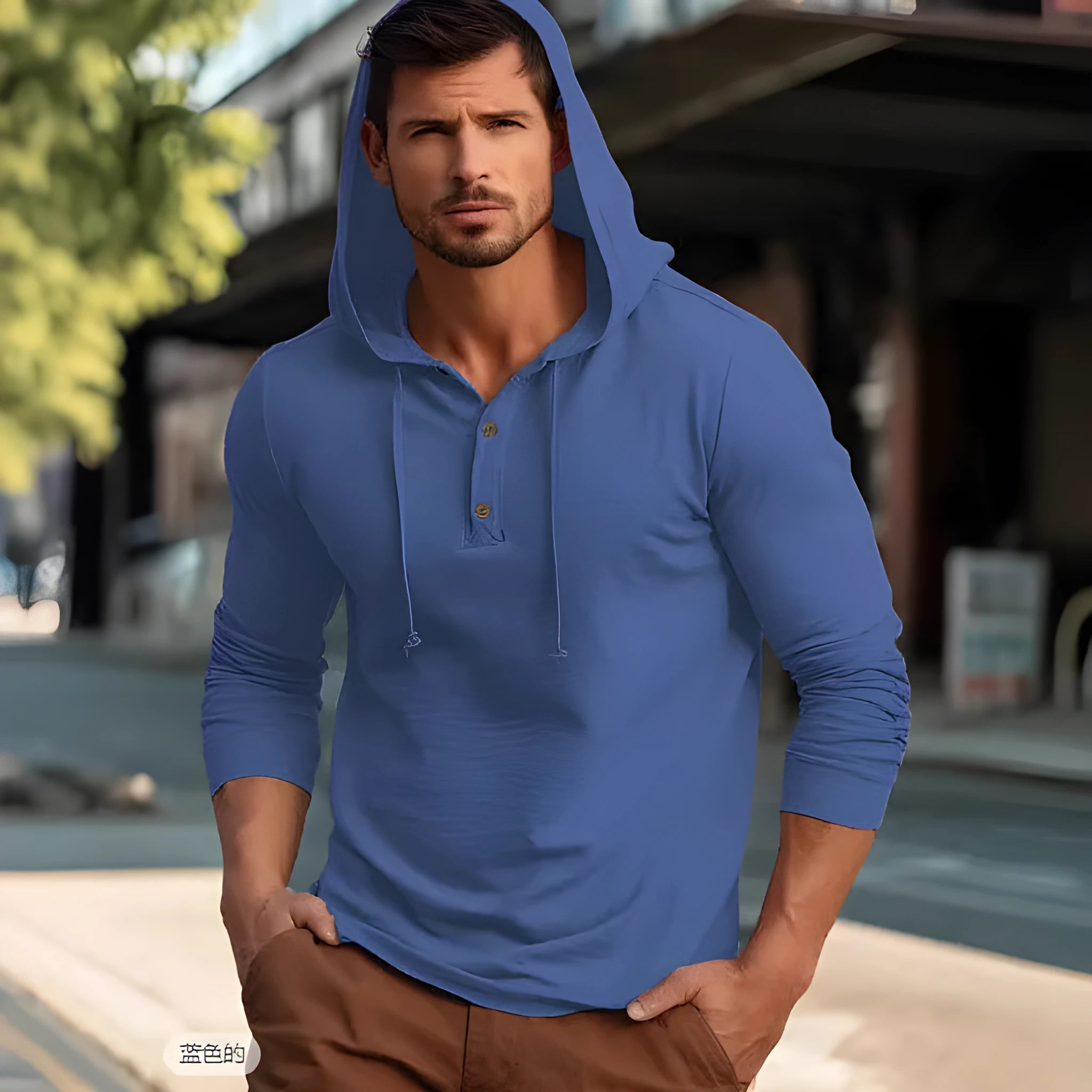 Men's cotton pullover hoodie in dark blue colour showing long sleeves and casual sports style