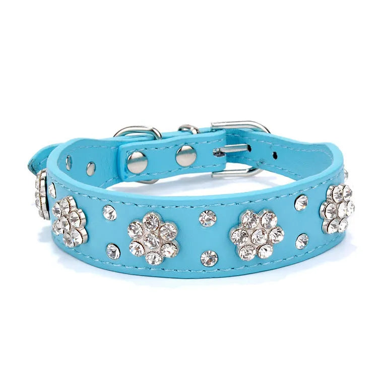 Black PU leather dog collar with sparkling rhinestone flower pattern and metal D-ring