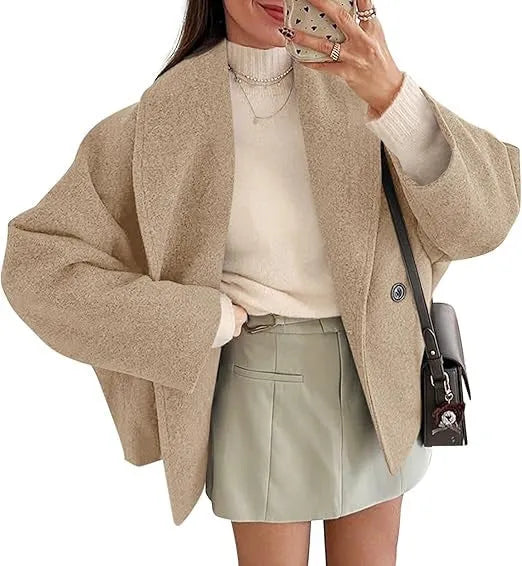 Double-breasted stand collar batwing sleeve polyester coat in solid colour for petite women